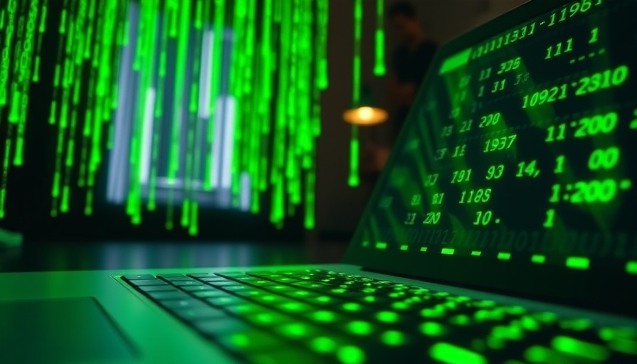 Green binary code over laptop keyboard representing data on food inflation and investment strategies.