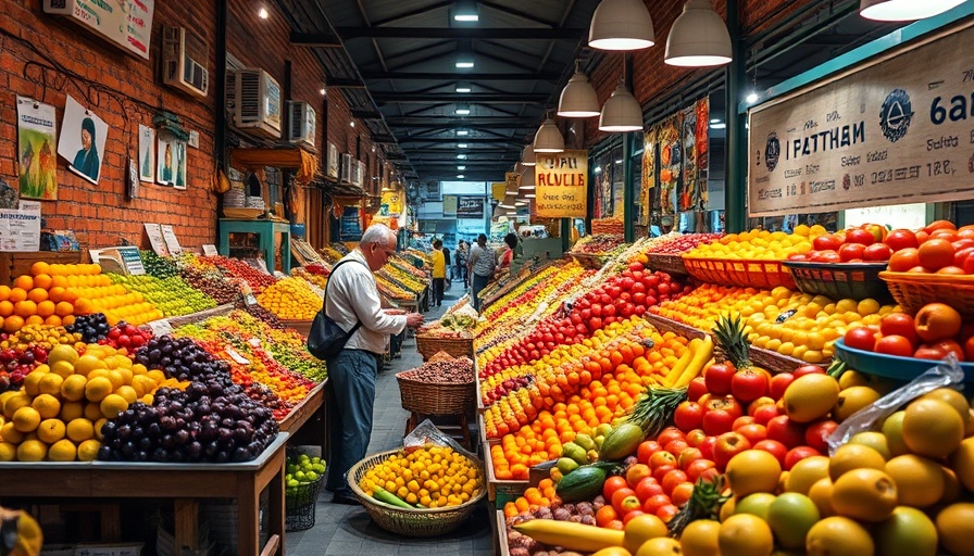 Market stall with diverse fruits under bright lighting.