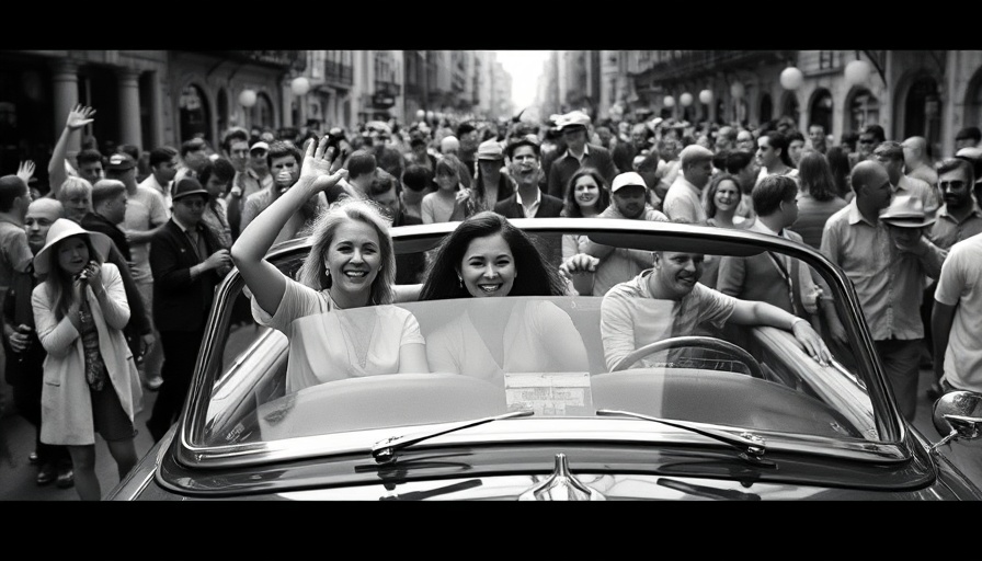 Historic black and white scene of a crowd and convertible car.