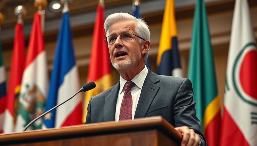 Man speaking at podium with flags in background.