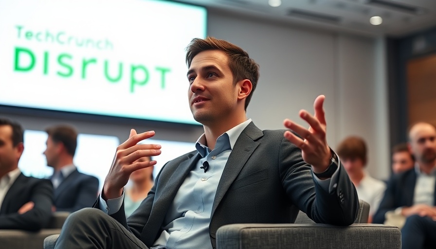 Man discussing tech at a conference with TechCrunch backdrop.