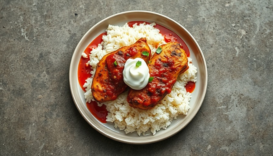 Grilled chicken rice dish with sauce and sour cream on white plate.