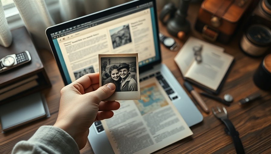 Genealogical research with vintage photos on a desk in a cozy setting.