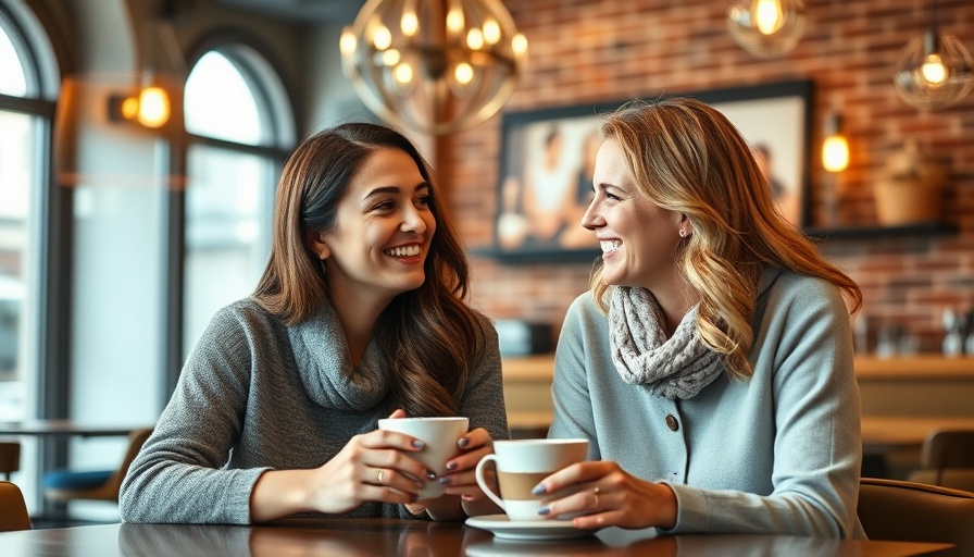 Two women sharing coffee in a cozy cafe, smiling, senior living communities.