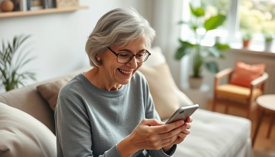 Smiling older woman using smartphone in senior living community.