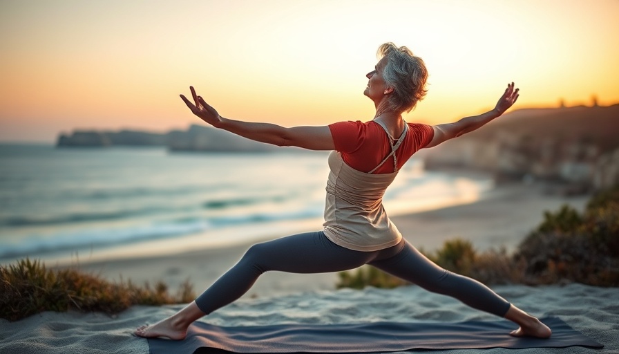 Active senior woman practicing yoga by the beach, embracing active senior living.