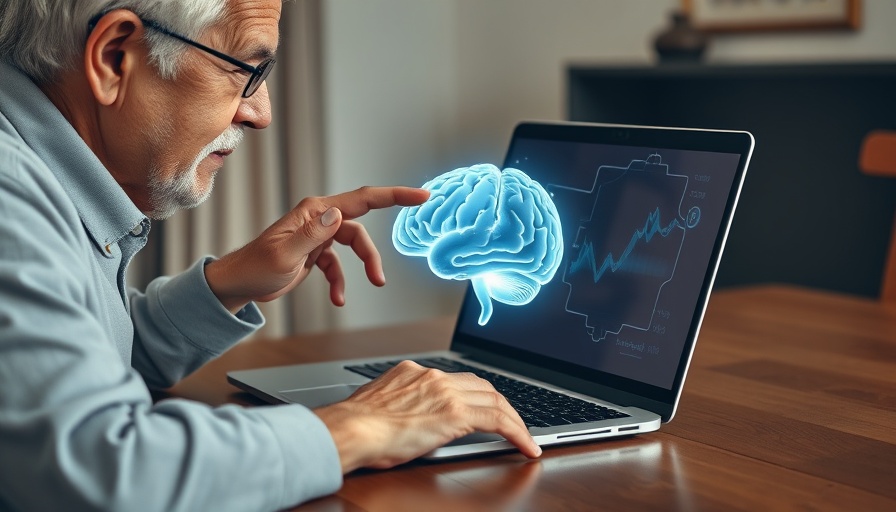 Elderly person using a laptop with holographic brain display, brain health activities for seniors.