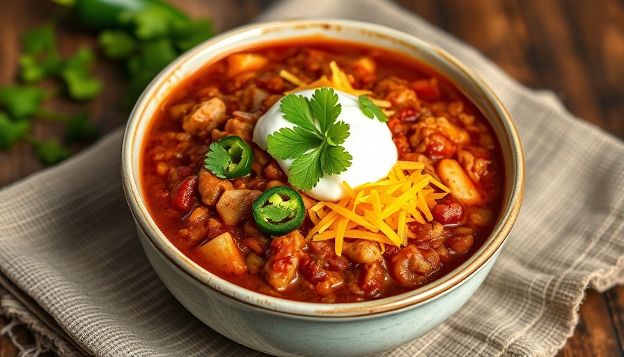 Healthy turkey chili in a bowl with toppings on rustic cloth.