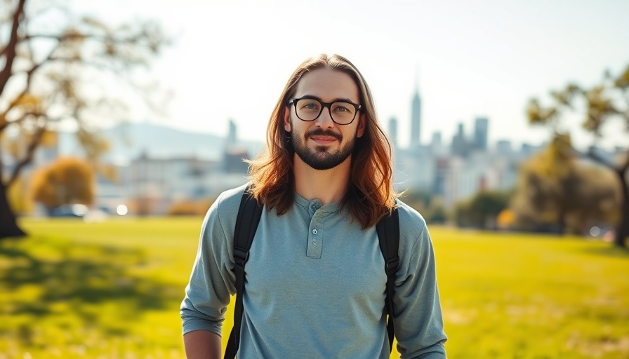 Casually dressed man stands in San Francisco park, sunny day.