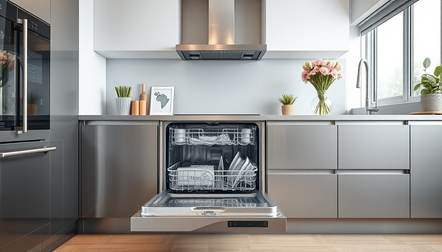 Modern kitchen with open dishwasher and flowers, representing how to clean the dishwasher.