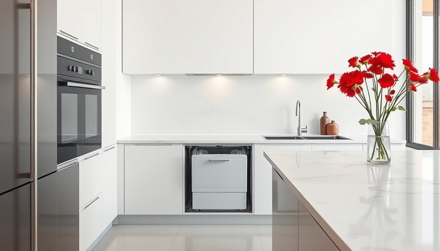 Open modern dishwasher in minimalist kitchen promoting cleaning dishwasher efficiency.