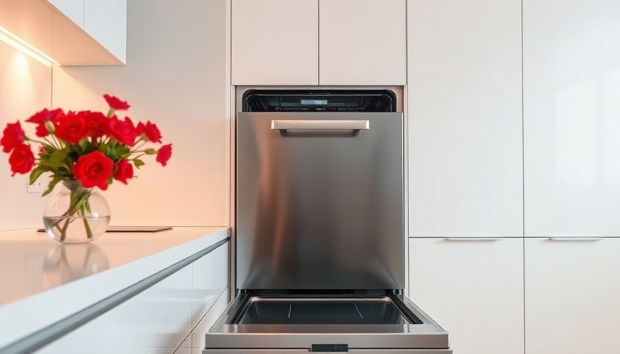 Open modern dishwasher in sleek kitchen setting with flowers.