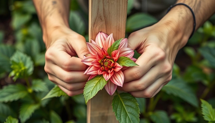 Hands tying dahlia to a stake, natural garden setting, How to Grow Dahlias That Bloom Every Year.