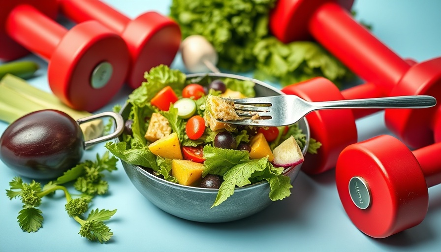Healthy salad with dumbbells, showing carbohydrate cutting effects.