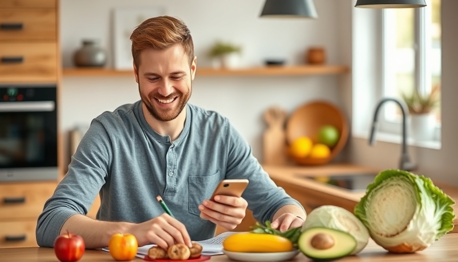 Man studying foods that stay in your gut using a phone and notepad in kitchen.