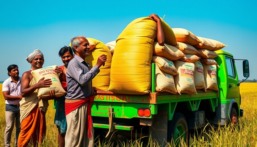 Indian farmers securing heavy sacks on a truck, India farm insurance