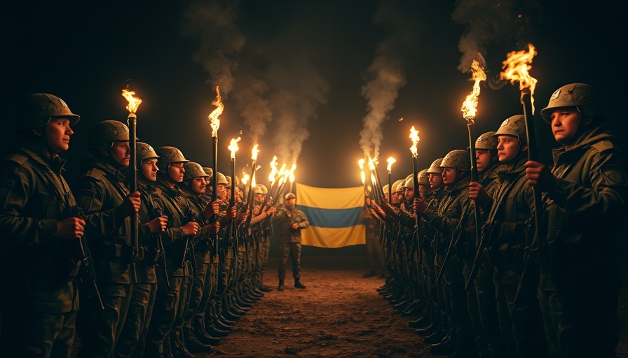 Soldiers in nighttime gathering holding torches, symbolic of unity.