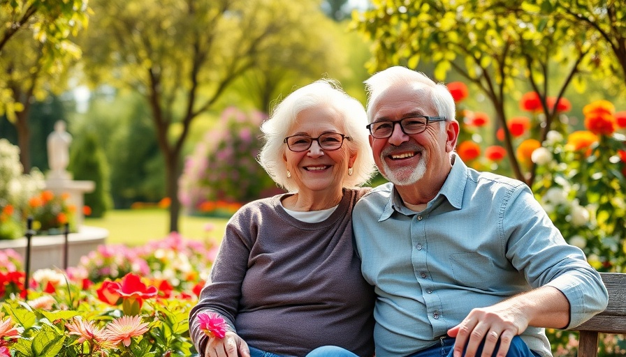 Senior living communities: Cheerful elderly couple enjoying a garden.