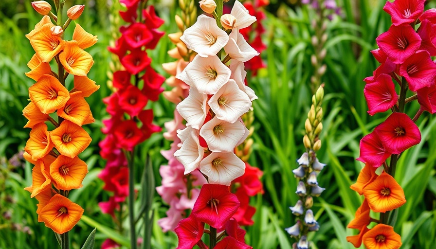 Vibrant gladiolus flowers in a garden setting, showcasing natural growth.