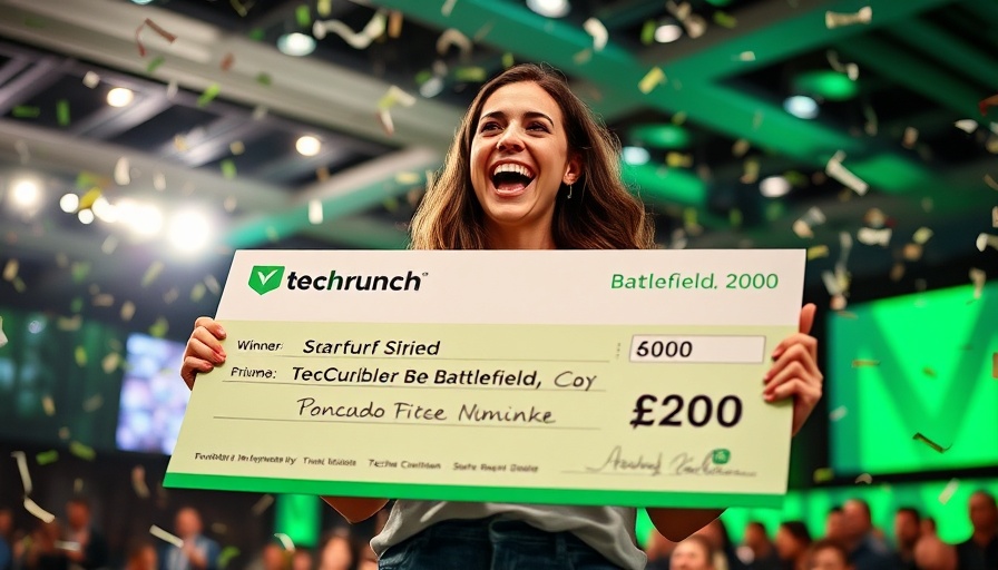 Winner at TechCrunch Startup Battlefield 200 holding a large check.