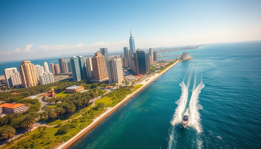 Aerial view of Florida cityscape with skyline and waterway.