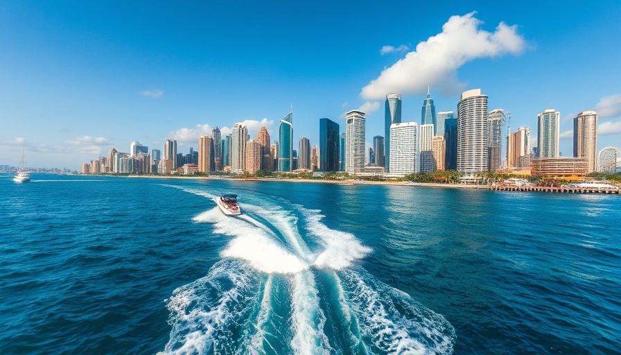 Florida attractions and real estate coastal city skyline with boat.