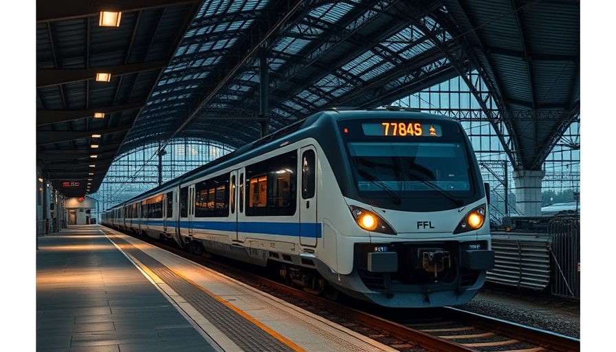 Ukrainian train standing at a station platform under evening lights.