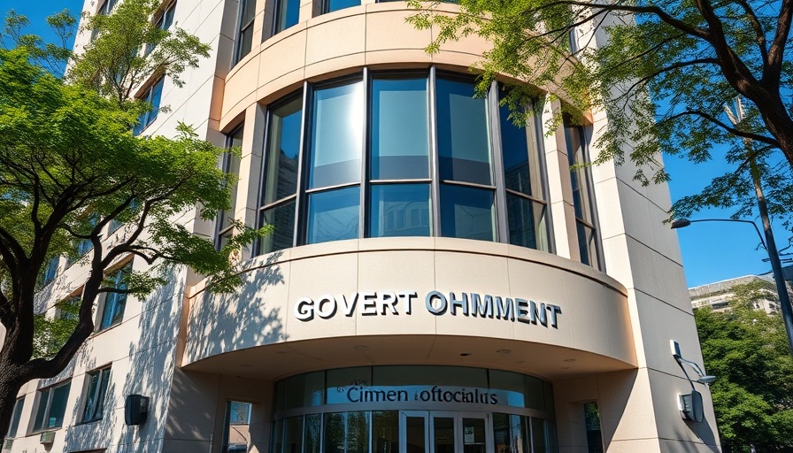 DOE building exterior with sign, clear sky, trees.