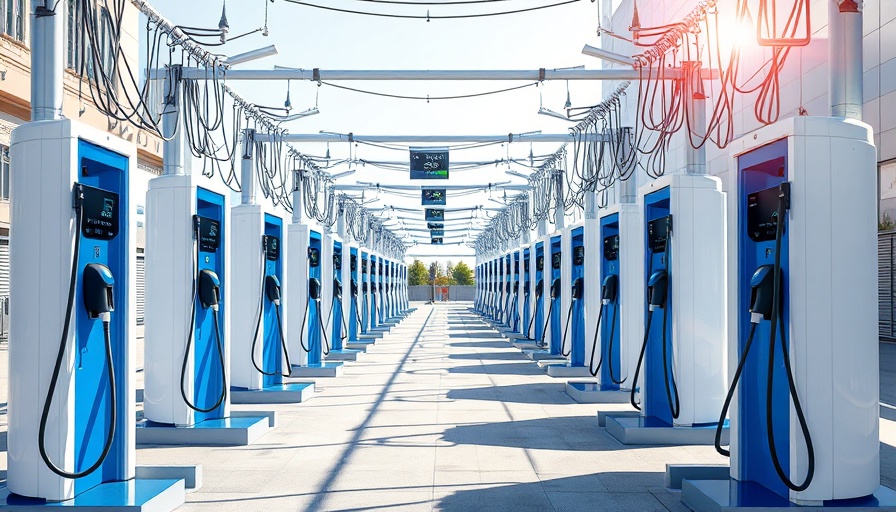 Modern EV fast-charging hubs with cables in an urban setting.