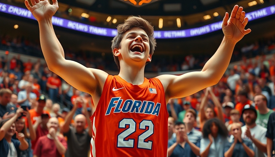 Young basketball fan celebrating at NCAA game.