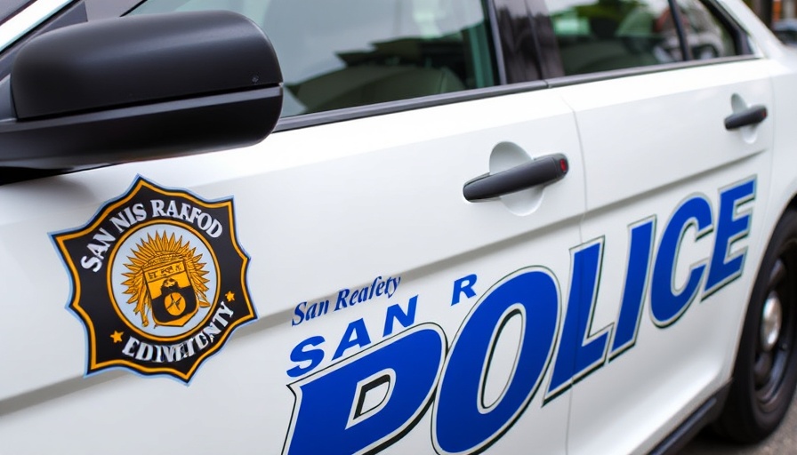 San Rafael police car door with emblem and text.