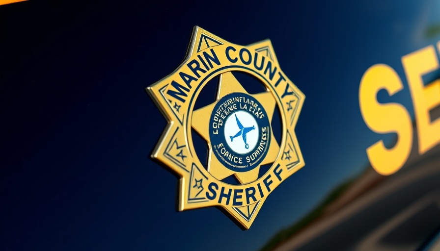 Close-up of Marin County Sheriff's badge emblem on vehicle for local news.