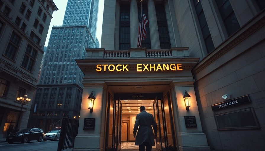 Dimly lit entrance of New York Stock Exchange with person exiting, related to Tesla stock sell-off analysis.