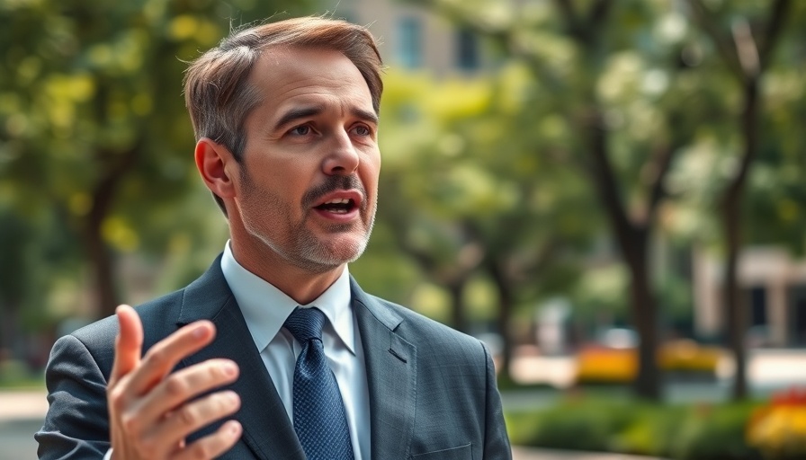 Professional man speaking in urban park, military classified information disclosure concept.