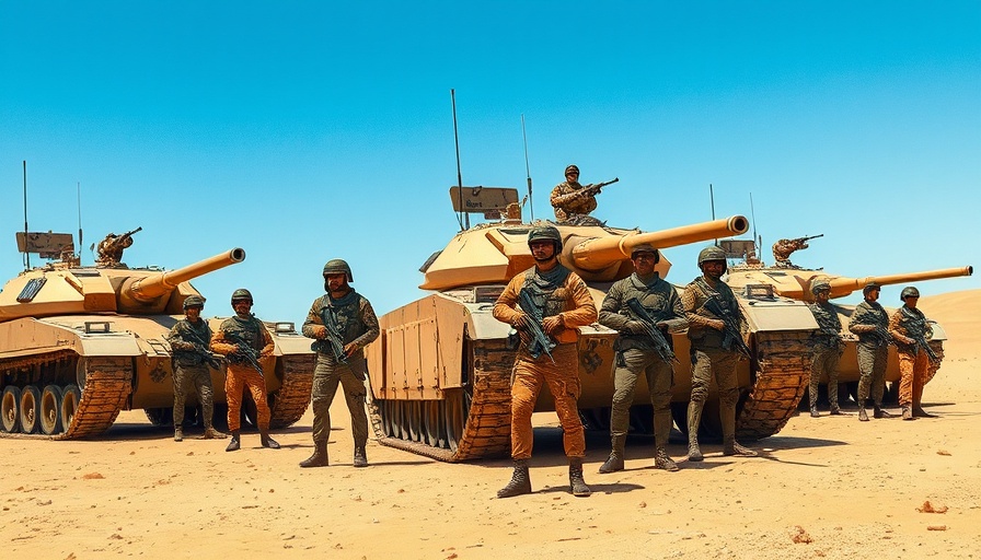 Israeli tanks and soldiers in desert landscape, military readiness.