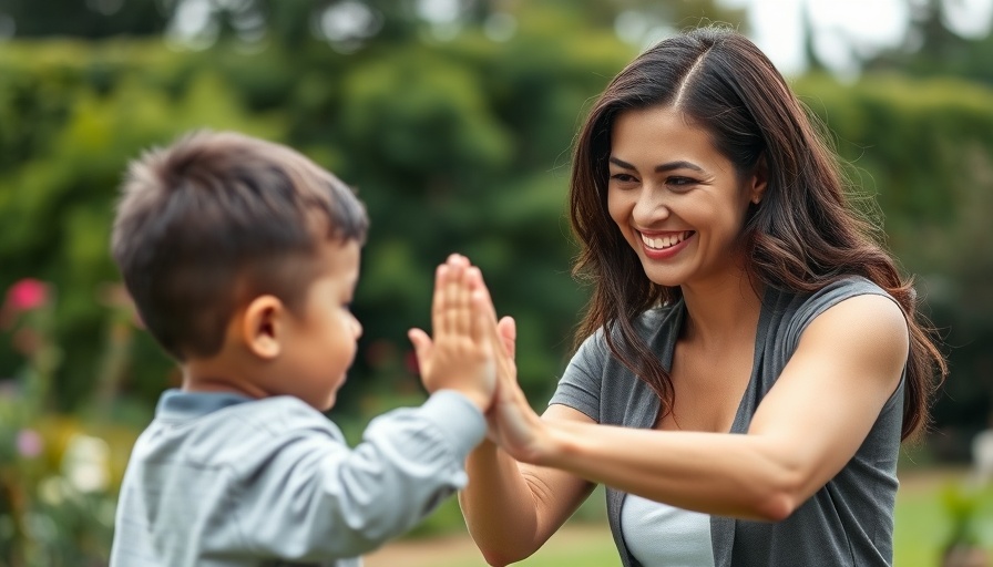 Woman high-fiving child at event, garden setting.