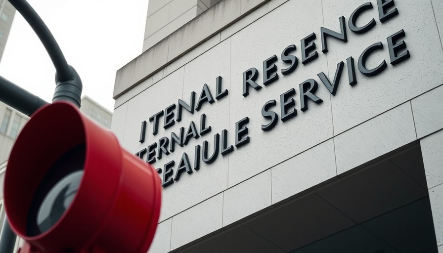 IRS building sign with red traffic light, IRS tax revenue loss concept.