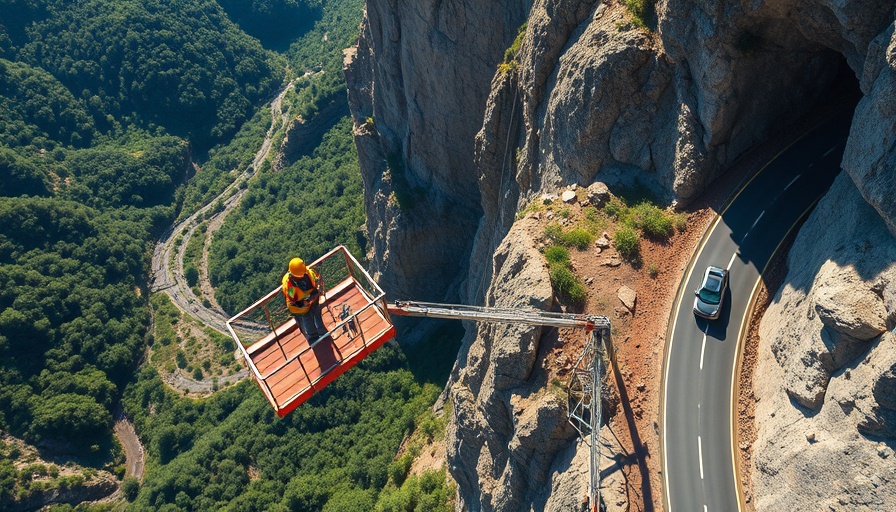 Aerial view of Yosemite route repair on steep rock face.