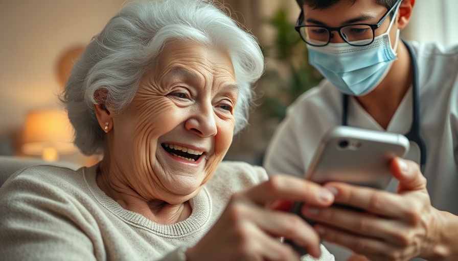 Elderly woman smiling at smartphone held by caregiver, indoor setting.