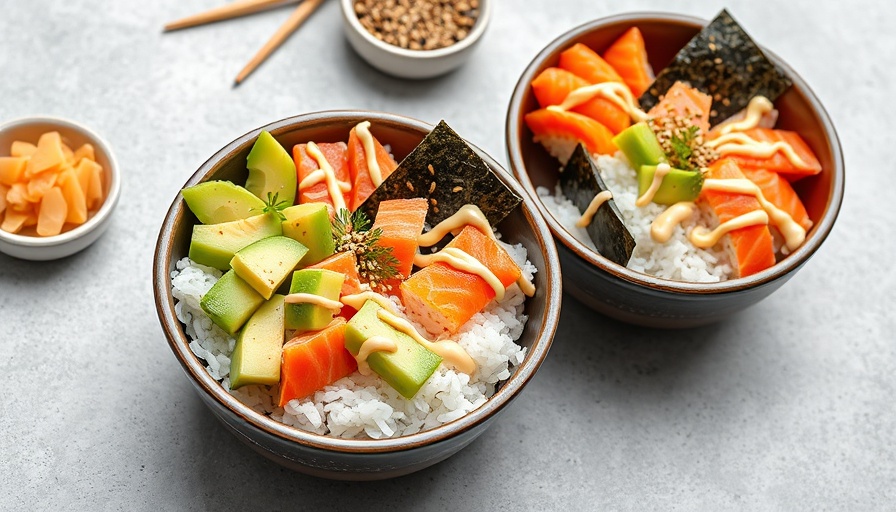 Easy homemade sushi bowls with fresh toppings and sauce.