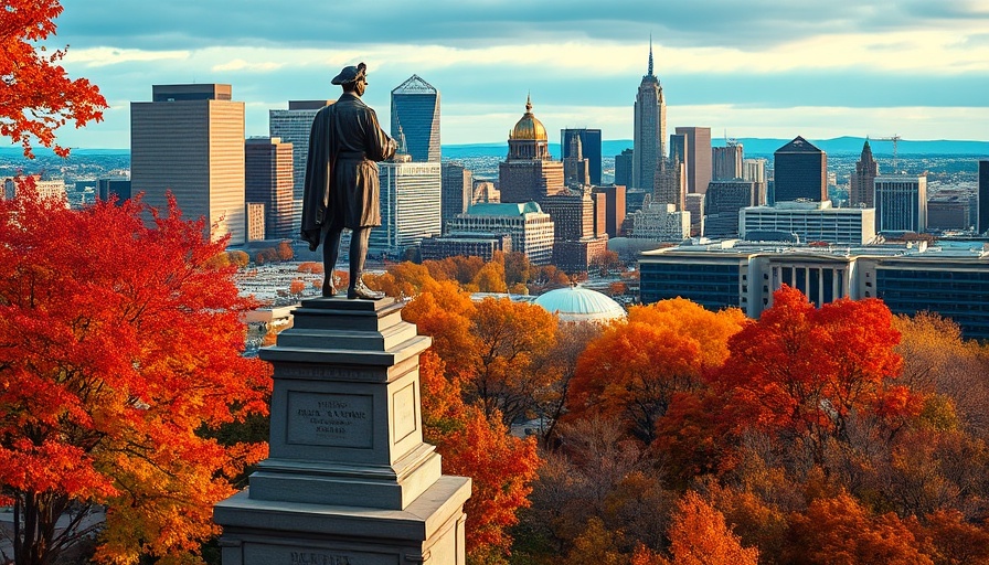 Philadelphia cityscape with historic statue and autumn foliage, related to Pennsylvania state income tax in 2025.