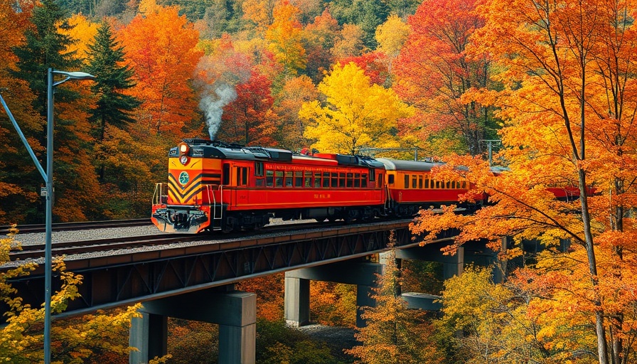 Vintage train in New Hampshire autumn, lush forest backdrop.