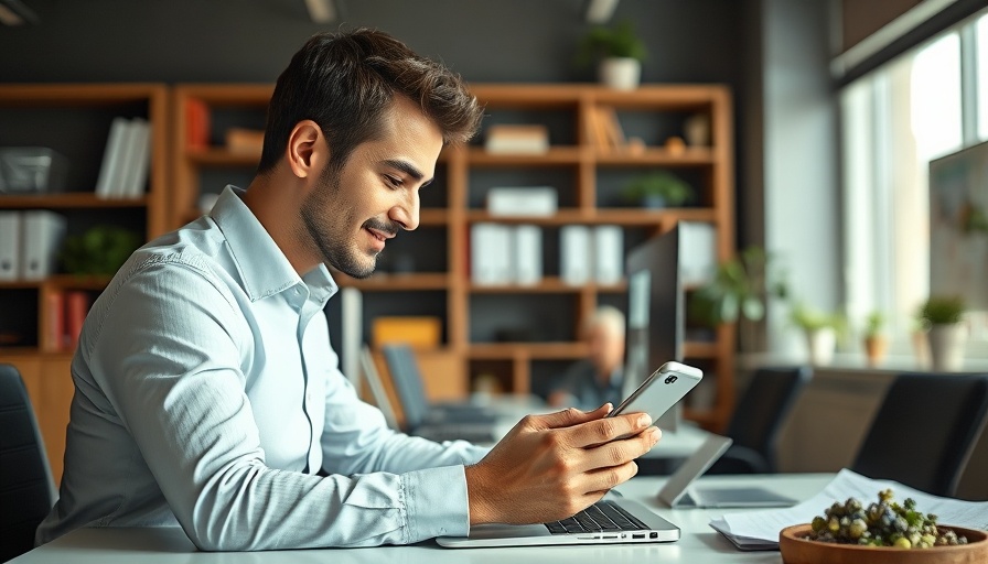 Man using smartphone at desk in office, related to invoice factoring.