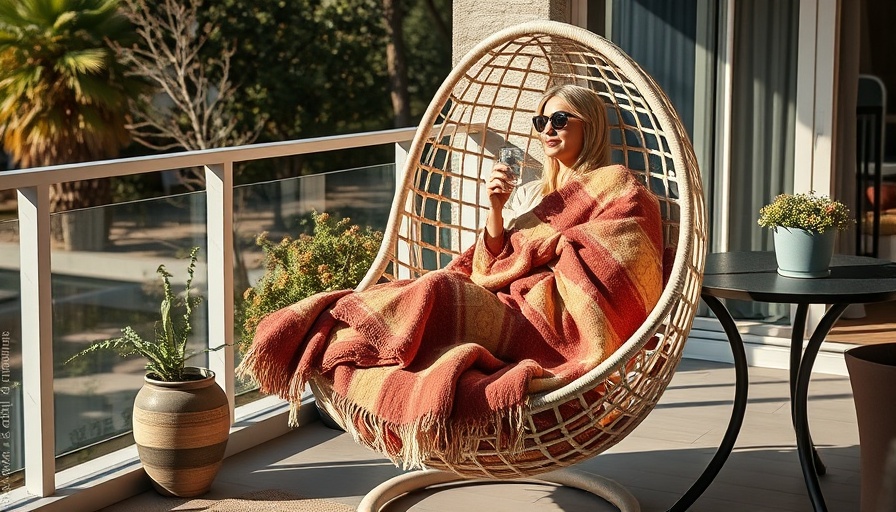 Woman relaxing in viral egg chair on patio with modern decor.
