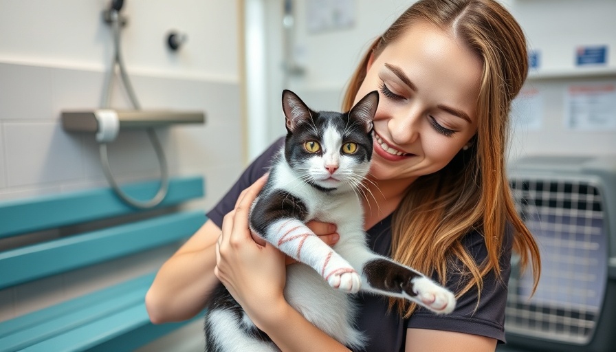 Woman practicing basic pet first aid on cat with bandaged legs.