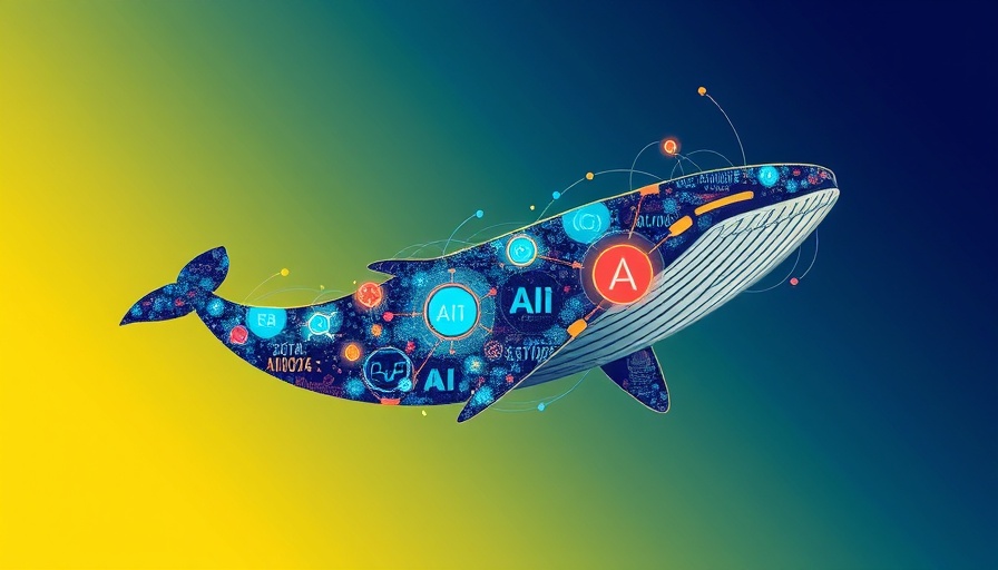 Colorful abstract AI graphic with whale silhouette and data elements.
