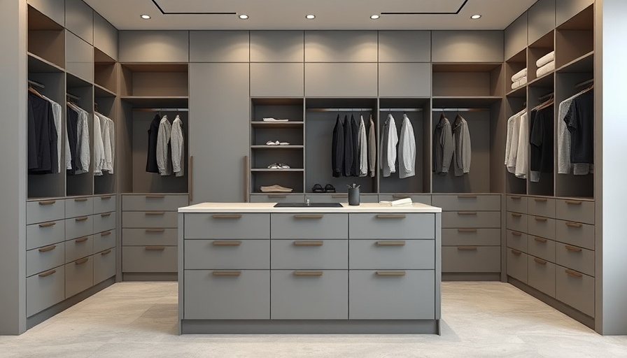 Sleek modern closet island design with drawers and hanging space in a gray palette.