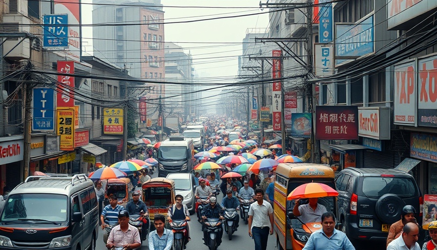 Crowded urban street symbolizing climate change challenges.