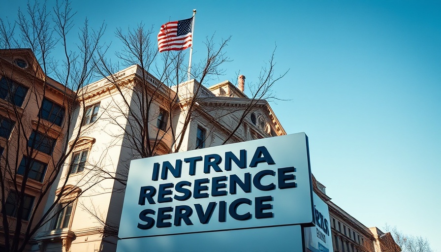 IRS building sign with American flag against blue sky.