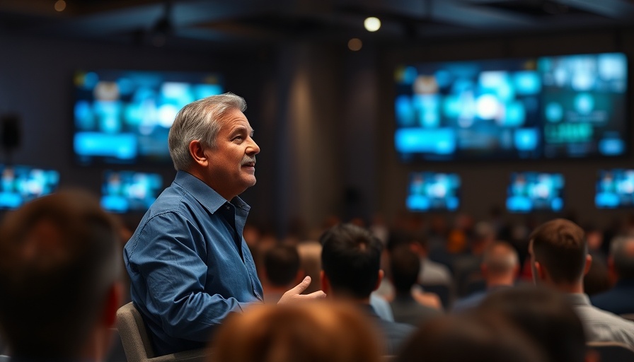 Middle-aged man discussing tech industry trends on stage.